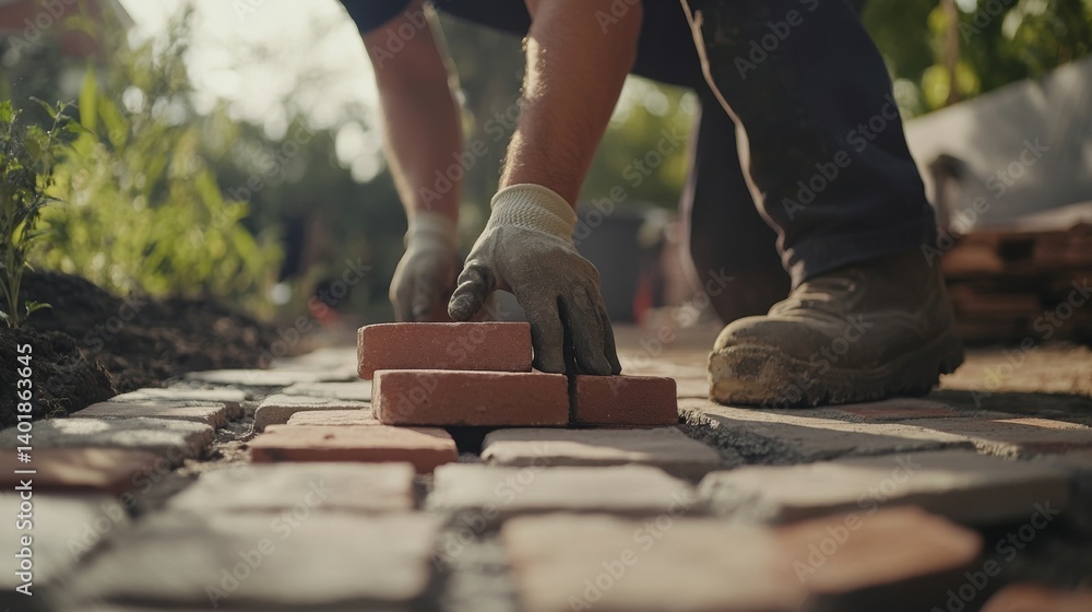 Mason setting bricks for a patio walkway. Featuring craftsmanship and focus Mason setting bricks for a patio walkway. Featuring craftsmanship and focus