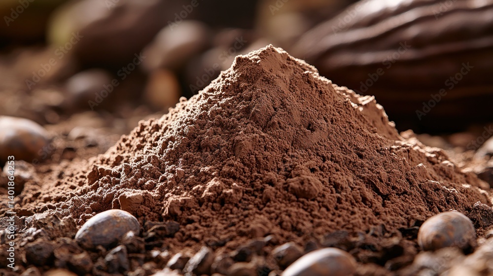 Cocoa powder pile on cocoa beans Cocoa powder pile on cocoa beans