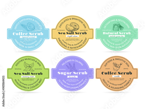 Natural scrub labels showcasing various types of skin care products for gentle exfoliation and skin nourishment