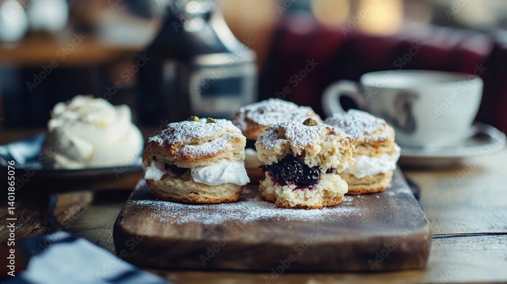 Warm scones with blackberries and powdered sugar for brunch scene Warm scones with blackberries and powdered sugar for brunch scene