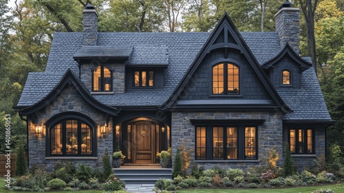 Elegant Dark Gray Stone House with Black Windows at Dusk