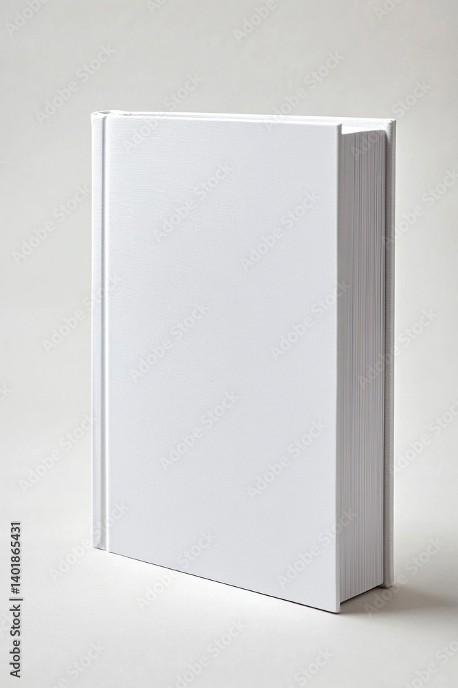 Hardcover blank book standing upright with plain white cover with copy space Hardcover blank book standing upright with plain white cover with copy space
