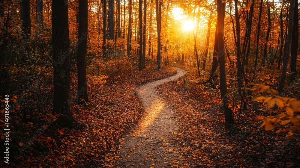 Fototapeta premium Tranquil forest road surrounded by golden foliage