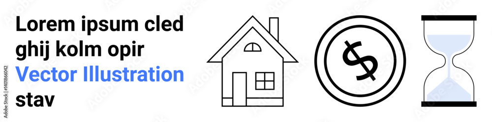 House outline, dollar coin icon, and hourglass imagery symbolizing home ownership, financial investments, and time management. Ideal for real estate, savings, economy, planning business goals House outline, dollar coin icon, and hourglass imagery symbolizing home ownership, financial investments, and time management. Ideal for real estate, savings, economy, planning business goals