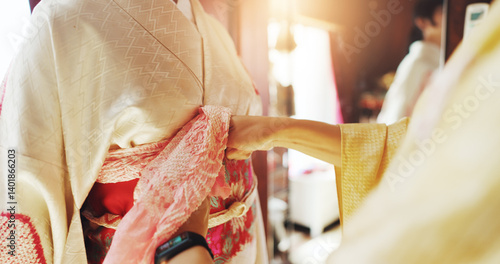 Photography Kimono, dressing and help with hands of people at tailor in japan for designer, dressmaking and fashion
