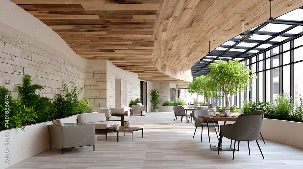 Fototapeta premium Modern Interior with Curved Earthen Wall and Reclaimed Wood Ceiling Design