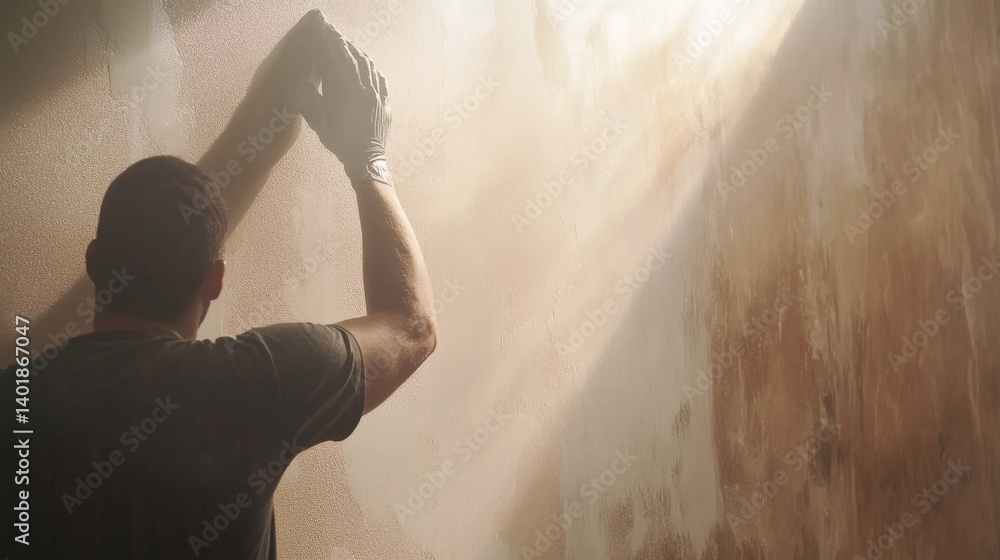 Obraz premium Painter applying primer to a wall before painting. Featuring technique and preparation