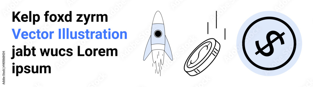 Rocket launching upward alongside falling coins and a bold dollar sign in a circle. Ideal for business, startup, investment, finance, economic growth, innovation, and simple landing page Rocket launching upward alongside falling coins and a bold dollar sign in a circle. Ideal for business, startup, investment, finance, economic growth, innovation, and simple landing page