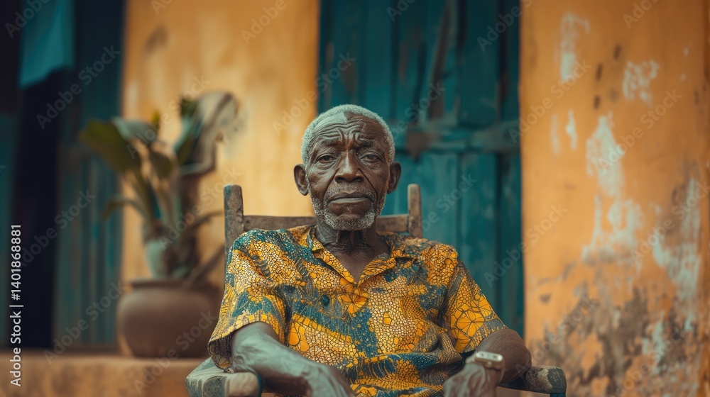 Naklejka premium Elderly man in traditional attire, seated outdoors