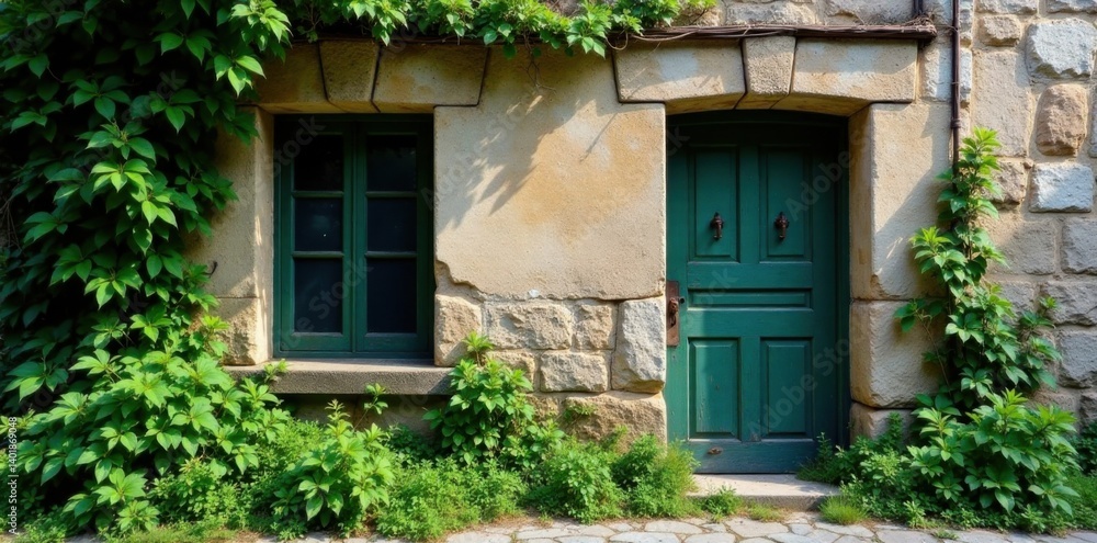 Overgrown vegetation on crumbling stone facade, textures, weathered, mortar