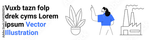 Woman gesturing amidst a potted plant and factory illustration. Ideal for sustainability, green energy, environmental issues, corporate responsibility, education, technology, flat landing page banner