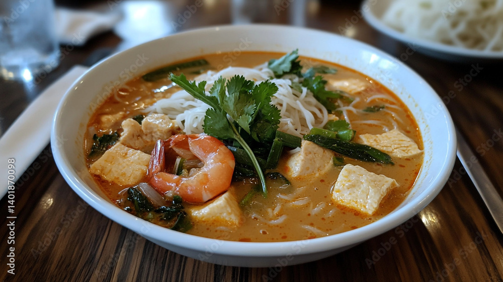 Delicious laksa soup with shrimp and tofu recipe, asian cuisine food photography and restaurant dining experience Delicious laksa soup with shrimp and tofu recipe, asian cuisine food photography and restaurant dining experience