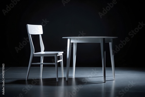 white table and chair on a dark black background