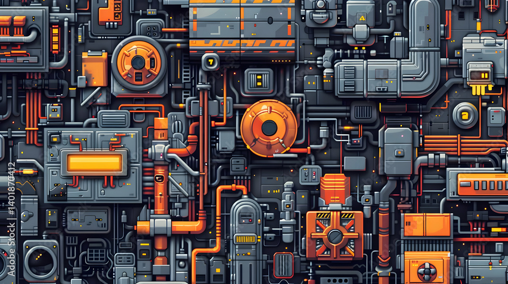 Complex Pixel Art Background with Geometric Shapes in Gray and Orange Featuring an Abstract Wall Texture and Detailed Machine Elements Complex Pixel Art Background with Geometric Shapes in Gray and Orange Featuring an Abstract Wall Texture and Detailed Machine Elements