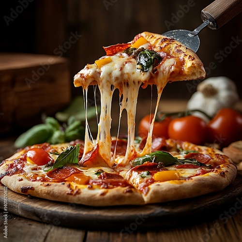Cheesy Pepperoni Pizza Slice with Melted Cheese