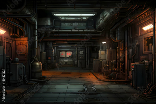 Dimly Lit Industrial Tunnel Interior with Metal Pipes Equipment and Dark Corridors in a Sci-Fi Setting