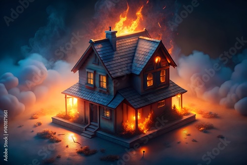 house in fire on dark gradient background