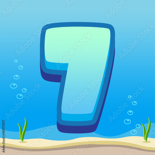 Number 7 Illustration with Gradient Blue Background, Bubbles, and Ocean Floor Details Featuring Sand and Seaweed