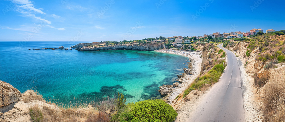 Panoramic view of coastal road and clear blue sky 