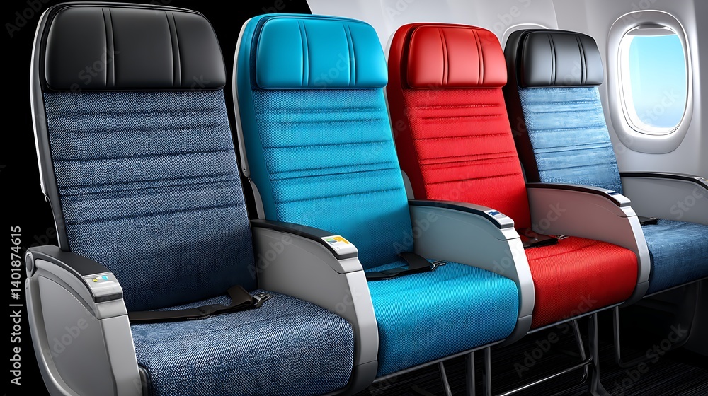 Obraz premium Dramatic Side Lighting on 3D Model of Airplane Seats in Vibrant Colors