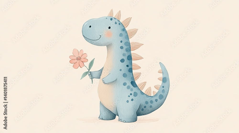 Naklejka premium A gentle dinosaur holding a lovely flower.