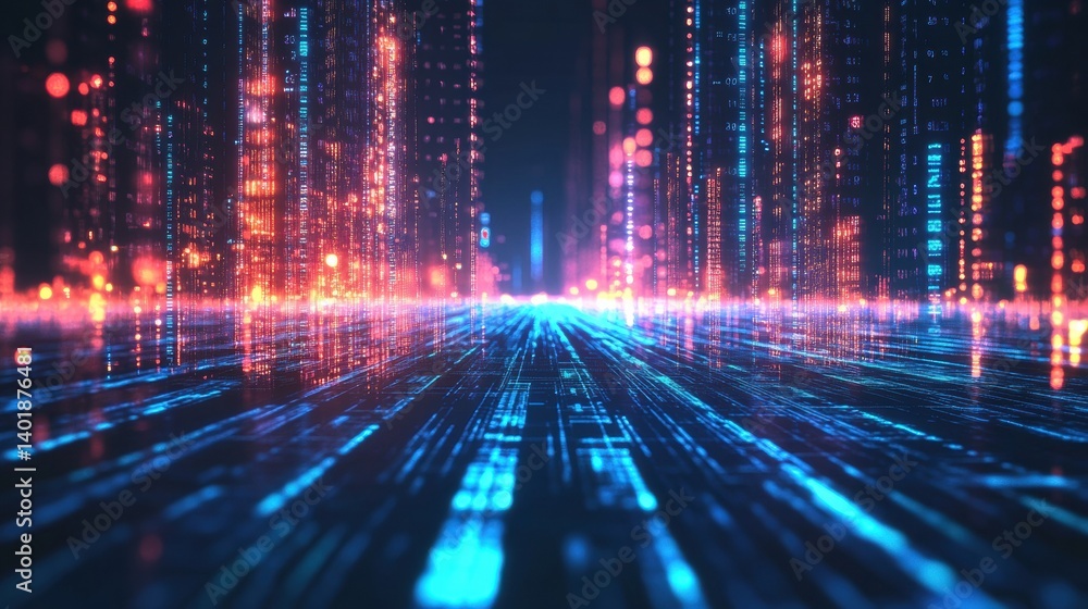 Futuristic perspective view of clean data tables fading into a light grid environment with vibrant colors and intricate details Futuristic perspective view of clean data tables fading into a light grid environment with vibrant colors and intricate details