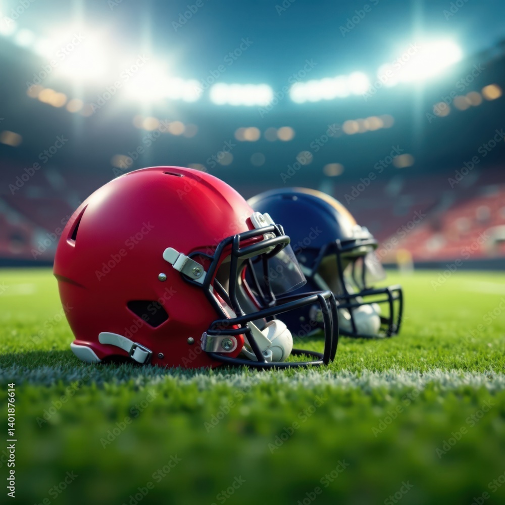 Fototapeta premium Helmets on a football field , football, equipment