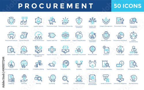 Procurement icons set with supplier compliance, vendor bidding, supplier network, procurement audit, procurement outsourcing, procurement compliance icon. Simple outline color vector 
