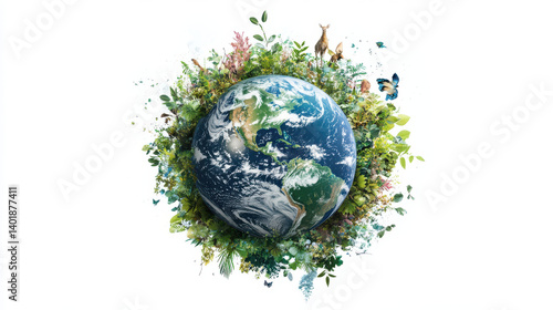 Artistic Earth Day Banner: Globe Enveloped in Verdant Greenery and Abundant Wildlife, Advocating for Environmental Stewardship and Harmony.