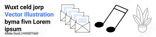 Open envelopes in sequence, two music notes, and a potted plant symbolizing correspondence, music, creativity, productivity, digital content, lifestyle and balance. Ideal for flat landing page