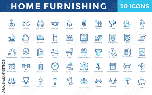 Home Furnishing icons set with pet bed, pet bowl, kitchen island, dining table, dining chair, bar stool, wine rack, cutlery, cookware, blender icon. Simple outline color vector 
