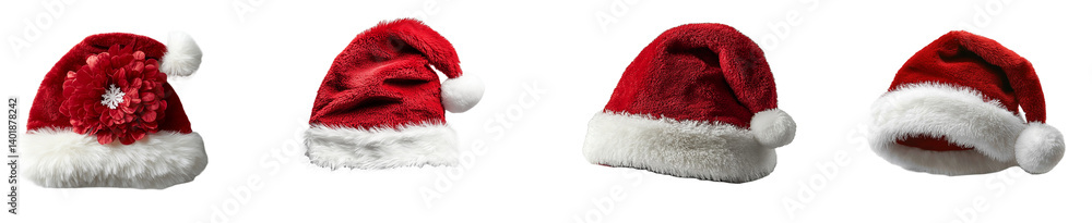 Santa Hats on Transparent Background, Festive Headwear, Red Fabric, White Fur Santa Hats on Transparent Background, Festive Headwear, Red Fabric, White Fur