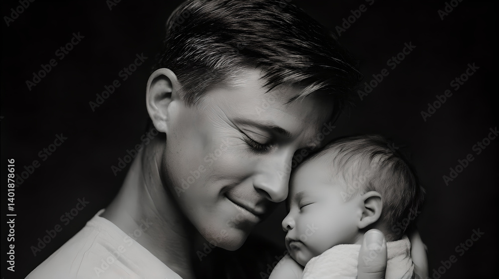Tender Father and Newborn Baby Portrait in Black and White Tender Father and Newborn Baby Portrait in Black and White