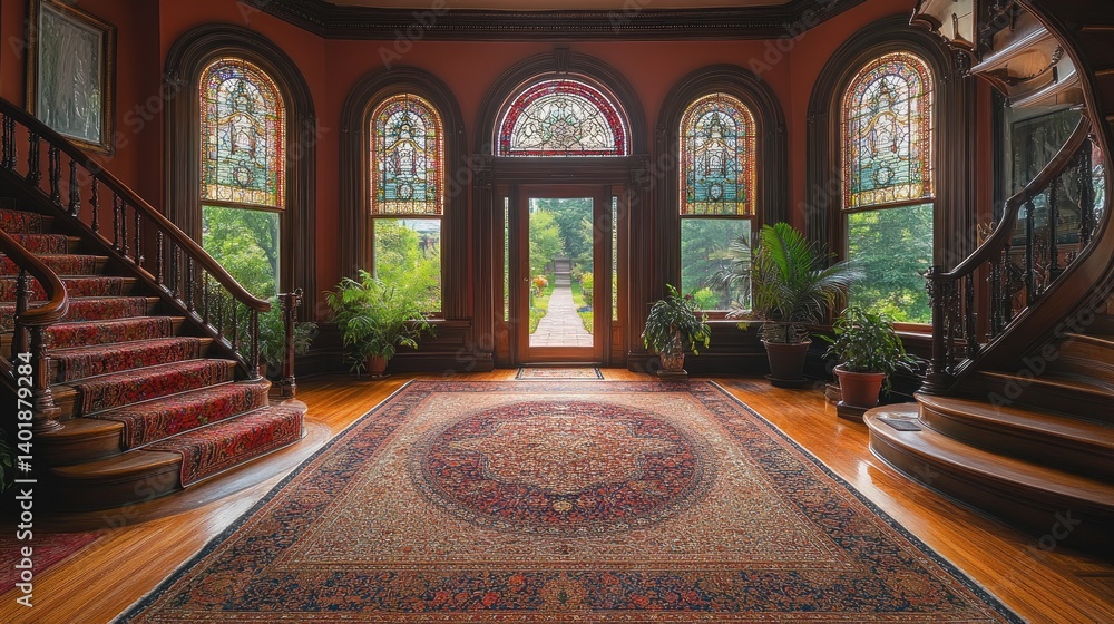 Obraz premium Grand Victorian Mansion Entrance Hall with Stained Glass Windows