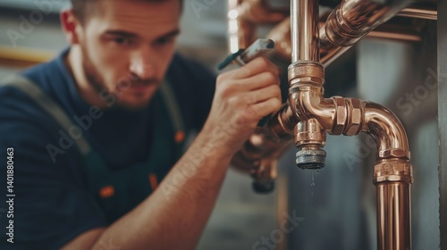 Plumber installing pipes in a newly built house. Featuring technical skill and focus