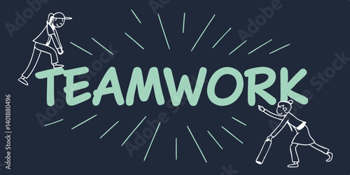 Bright blue  TEAMWORK on dark  navy blue background brilliantly backlit with light rays shining through .vector ,illustration
