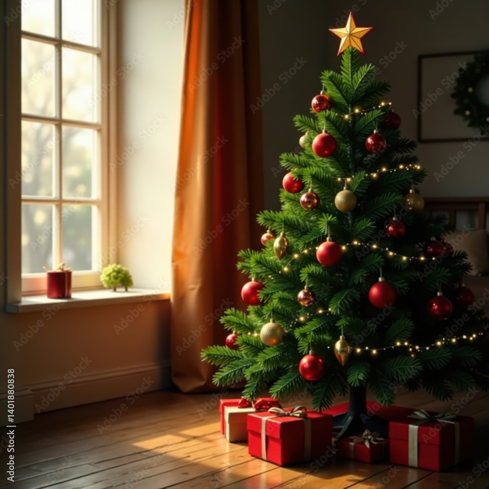 Evergreen tree with ornaments in a warm and cozy room, evergreen, Evergreen tree with ornaments in a warm and cozy room, evergreen,
