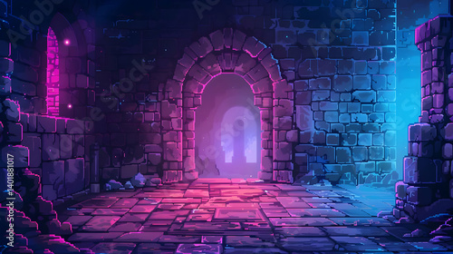 Pixel Art Dungeon Tunnel with Stone Brick Walls and Arched Entrance Purple and Blue Lighting