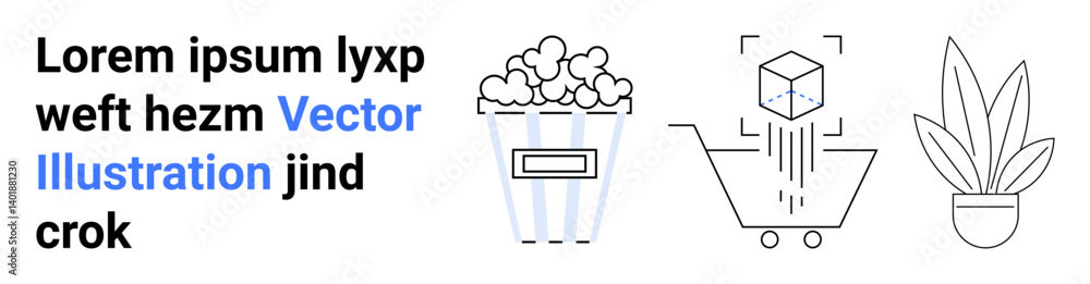 Popcorn bucket, shopping cart carrying a cube, and potted plant illustration. Ideal for entertainment, e-commerce, leisure, minimalism, indoor decor, lifestyle themes flat landing page banner Popcorn bucket, shopping cart carrying a cube, and potted plant illustration. Ideal for entertainment, e-commerce, leisure, minimalism, indoor decor, lifestyle themes flat landing page banner