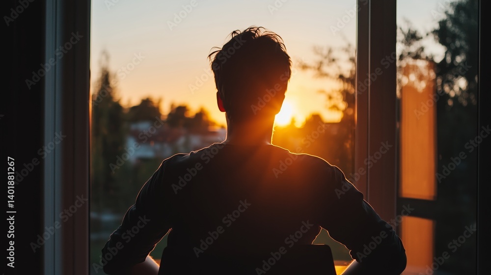 Silhouette of a person watching the sunset from a window in a quiet neighborhood Silhouette of a person watching the sunset from a window in a quiet neighborhood