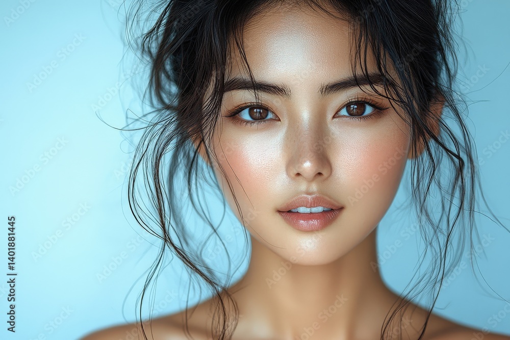 Glowing skin, messy updo, light eyes, light blue background, serene expression Glowing skin, messy updo, light eyes, light blue background, serene expression