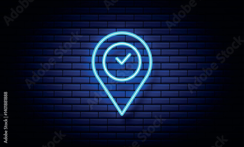 Location Blue color icon. Neon map pin icon. Glowing neon line marker sign, outline pointer pictogram in vivid color. Navigation mark, destination point, Neon location marker, address place.