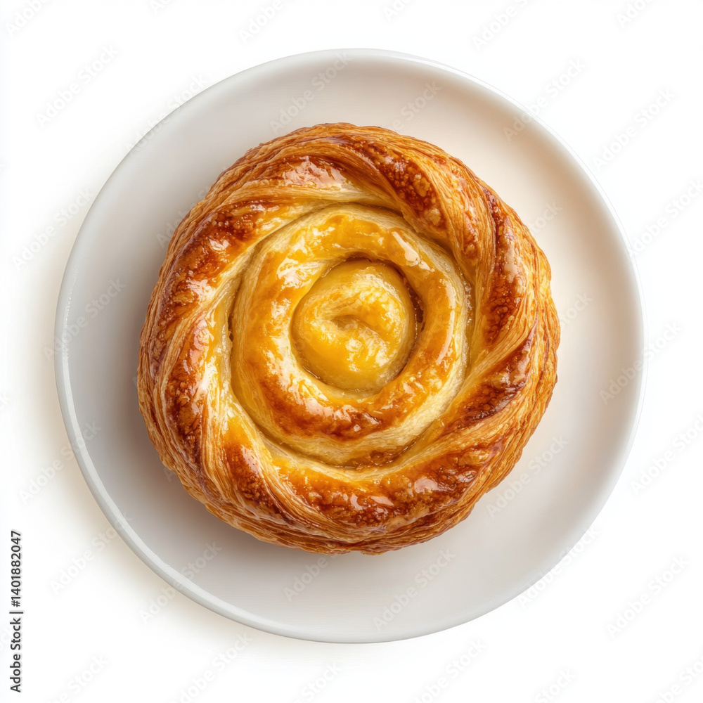 Fototapeta premium Fresh croissant with cheese puff pastry on a white plate, delicious and tasty breakfast snack