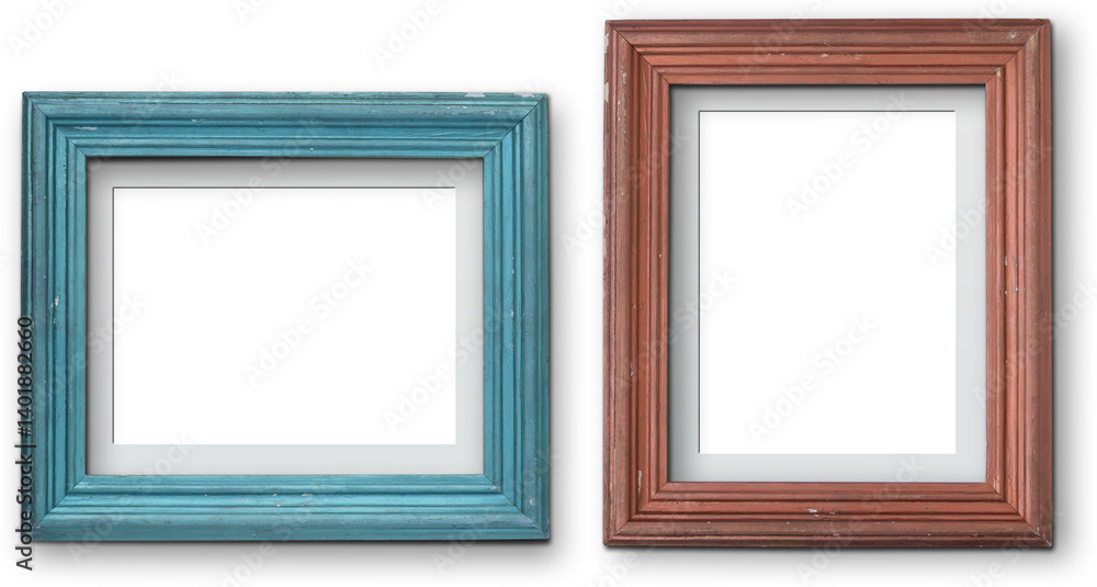 Two empty picture frames, one turquoise and one reddish-brown, displayed side by side. Two empty picture frames, one turquoise and one reddish-brown, displayed side by side.