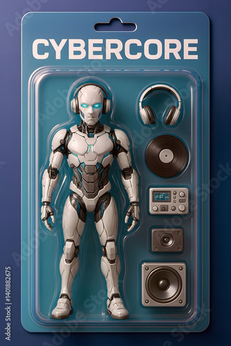 Futuristic robot action figure with sound equipment displayed in a sleek packaging design
