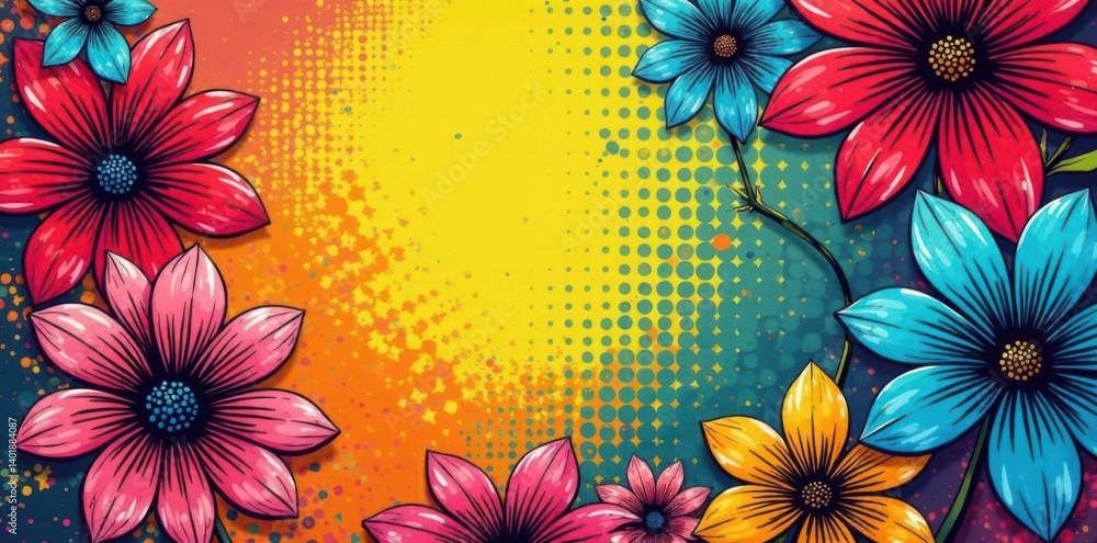 Colorful halftone pattern with bold pop art overlay on a vibrant floral background, texture, print
