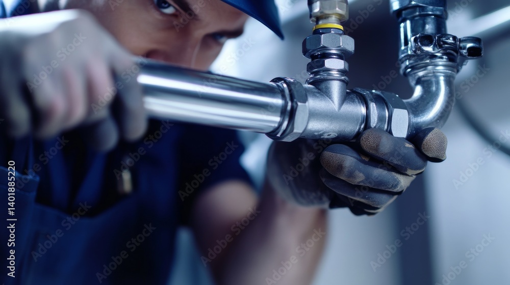 Plumber sealing a pipe joint under a sink. Featuring technique and accuracy Plumber sealing a pipe joint under a sink. Featuring technique and accuracy