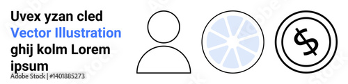 User icon, circular data chart, and dollar sign in bold line art. Ideal for user interfaces, financial apps, data analytics, minimal designs, presentations, infographics abstract line flat metaphor