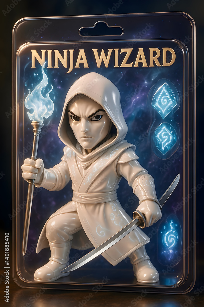 Obraz premium Collectible ninja wizard action figure with magical staff and sword featured in detailed packaging display