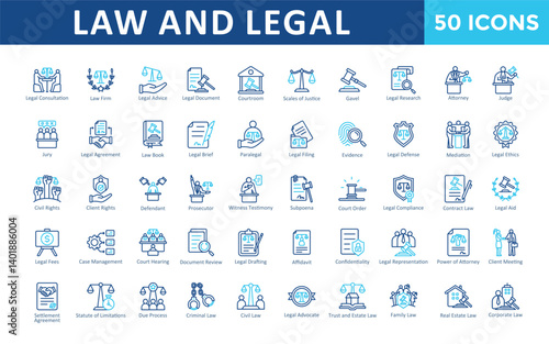 Law and Legal icons set with legal consultation, law firm, legal advice, legal document, courtroom, scales of justice, gavel, legal research, attorney, judge icon. Simple outline color vector 
